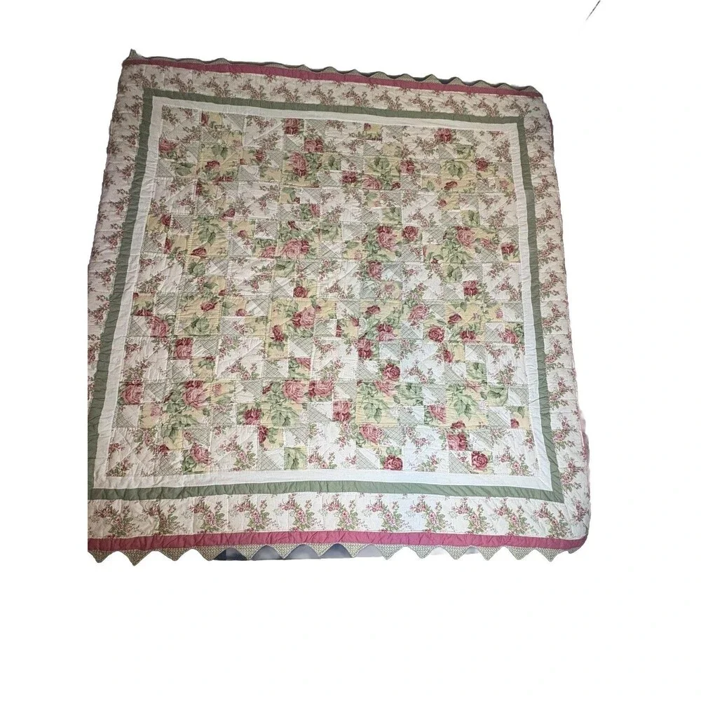 Vintage Floral Pink Green Scalloped Edges Some Staining See Pics 76”x76”